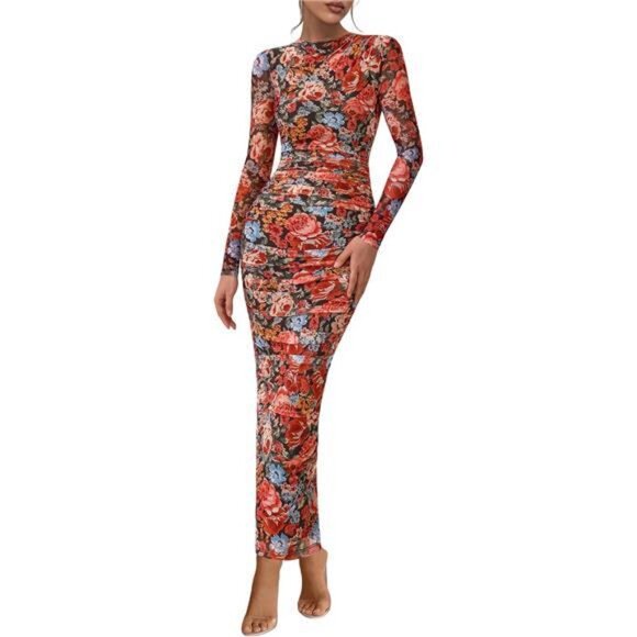 Women's Long Sleeve Maxi Dress Floral1 - Picture 1 of 6